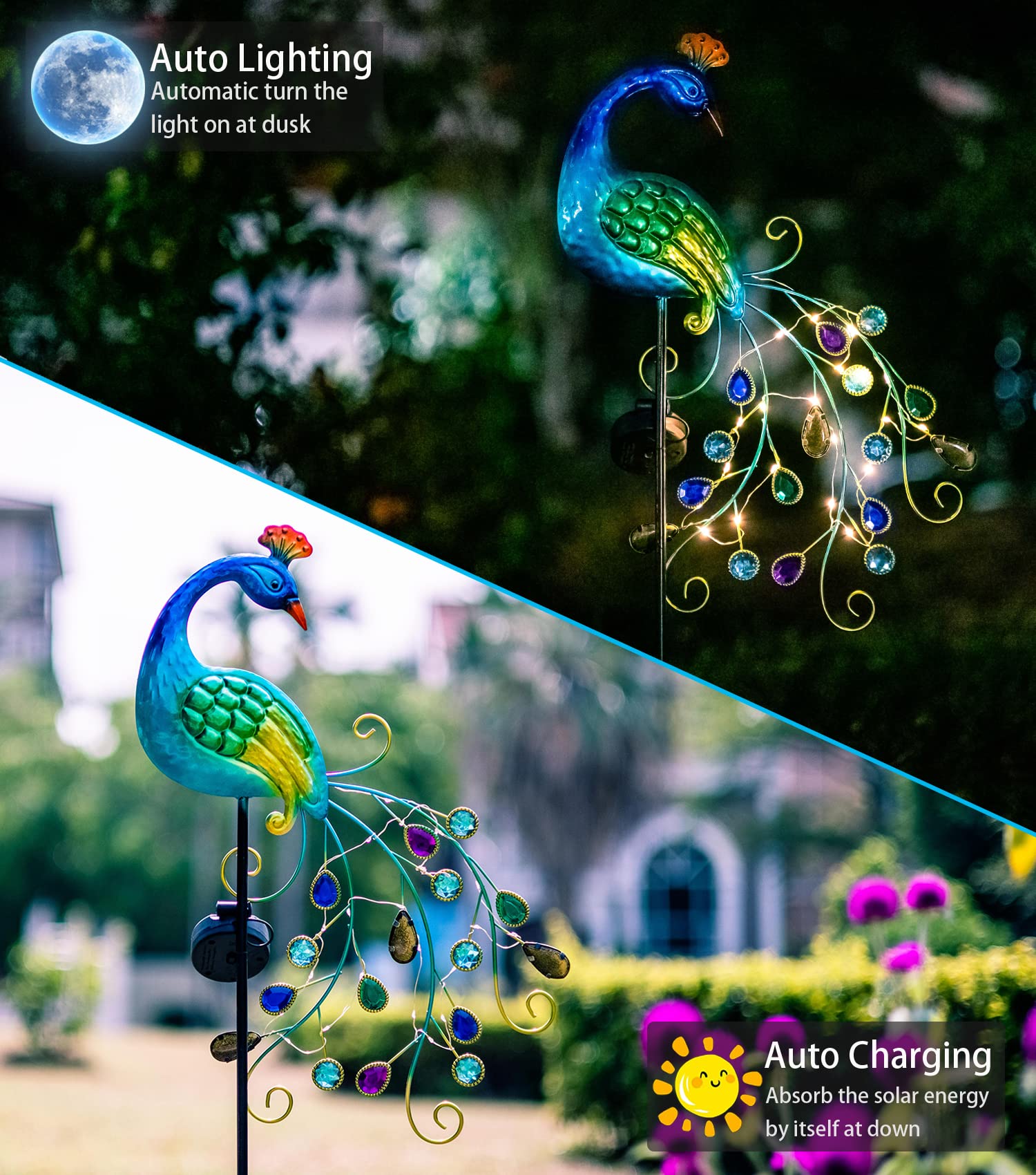 DREAMSOUL peacock solar LED path light illuminates walkways safely.