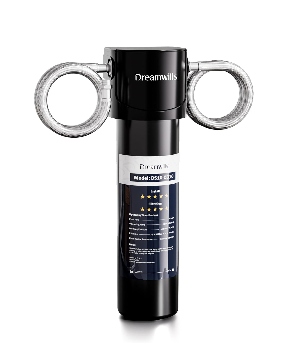 Dreamwills DS10 under-sink filter front view shows compact footprint for easy kitchen setup