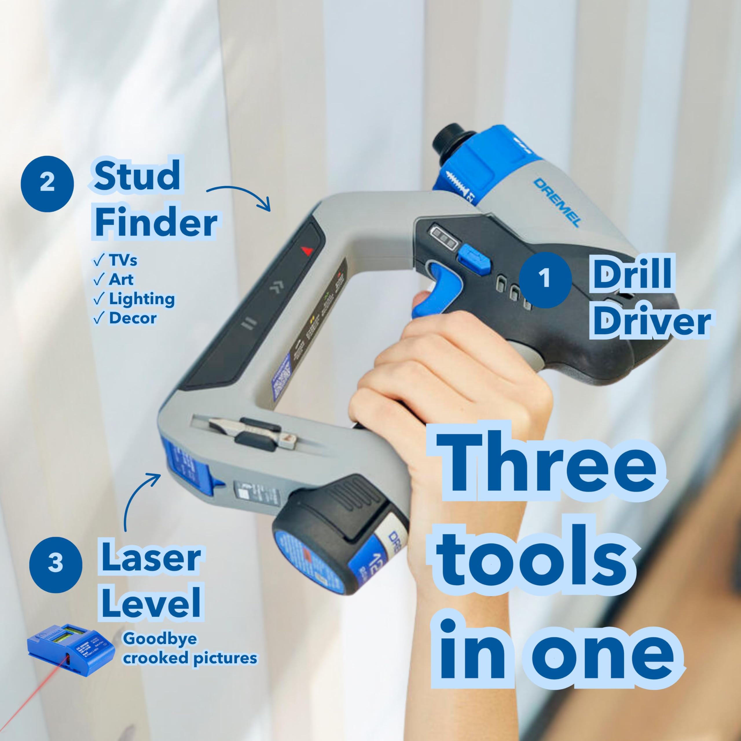 Dremel Blueprint built-in stud finder locates framing for secure hangs.