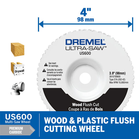 Dremel US600-01 4-inch carbide wheel for hardwood and plywood.