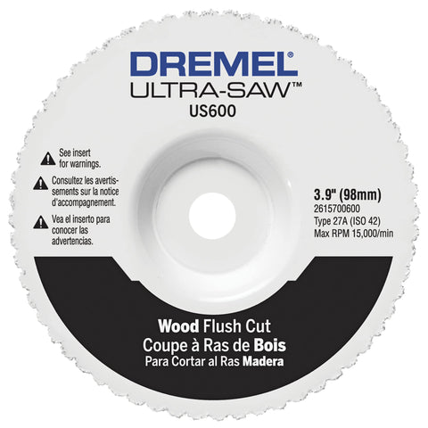 Dremel US600-01 wood flush cut wheel for precise baseboard cuts.