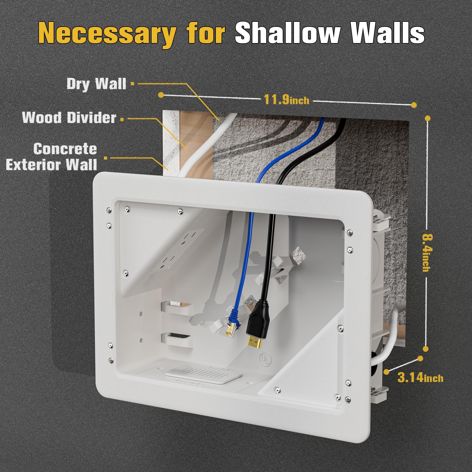 Dremica box with dual outlets installed behind TV for clutter-free space.