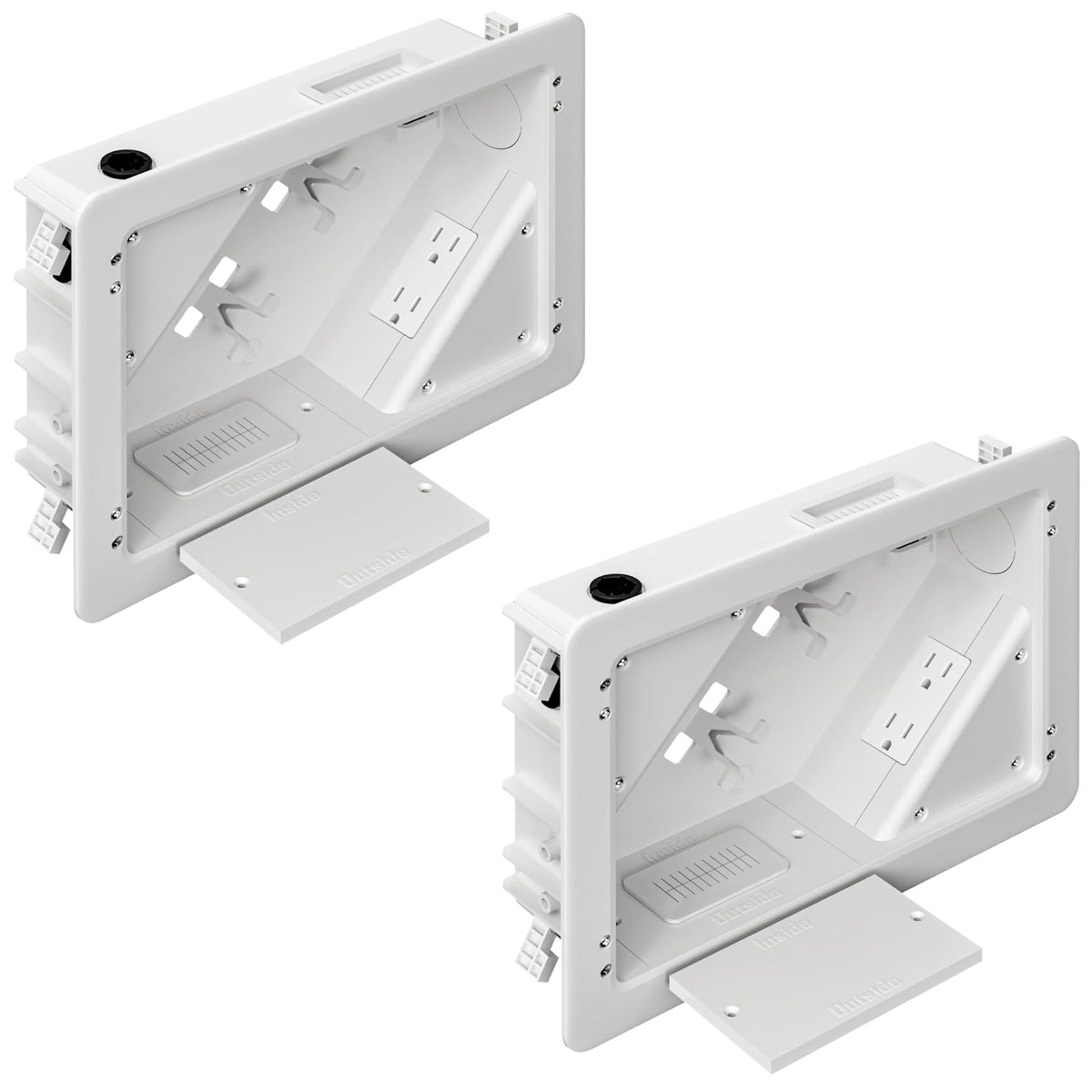 Dremica in-wall TV box flange front view for a clean, hidden cable setup.