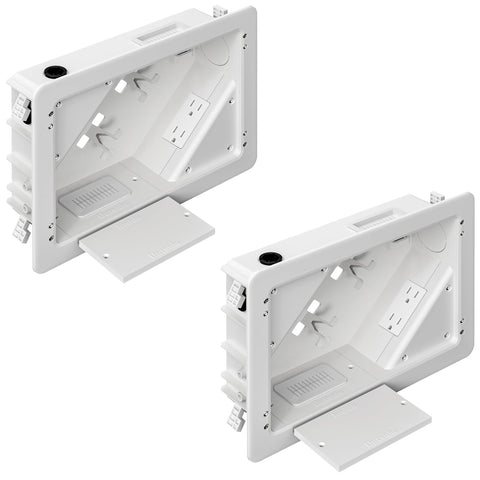 Dremica in-wall TV box flange front view for a clean, hidden cable setup.