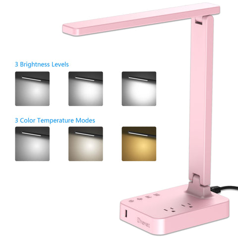 Drevet desk lamp base with two AC outlets for powering peripherals.