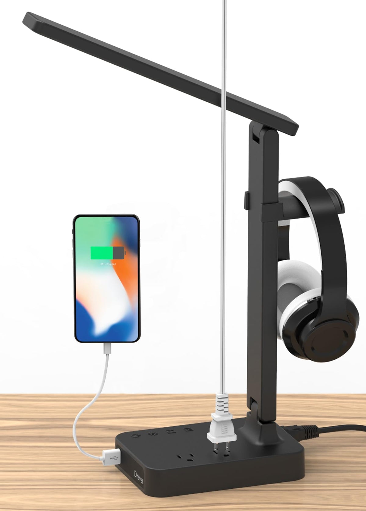 Drevet LED desk lamp with headphone hanger keeps desk tidy.