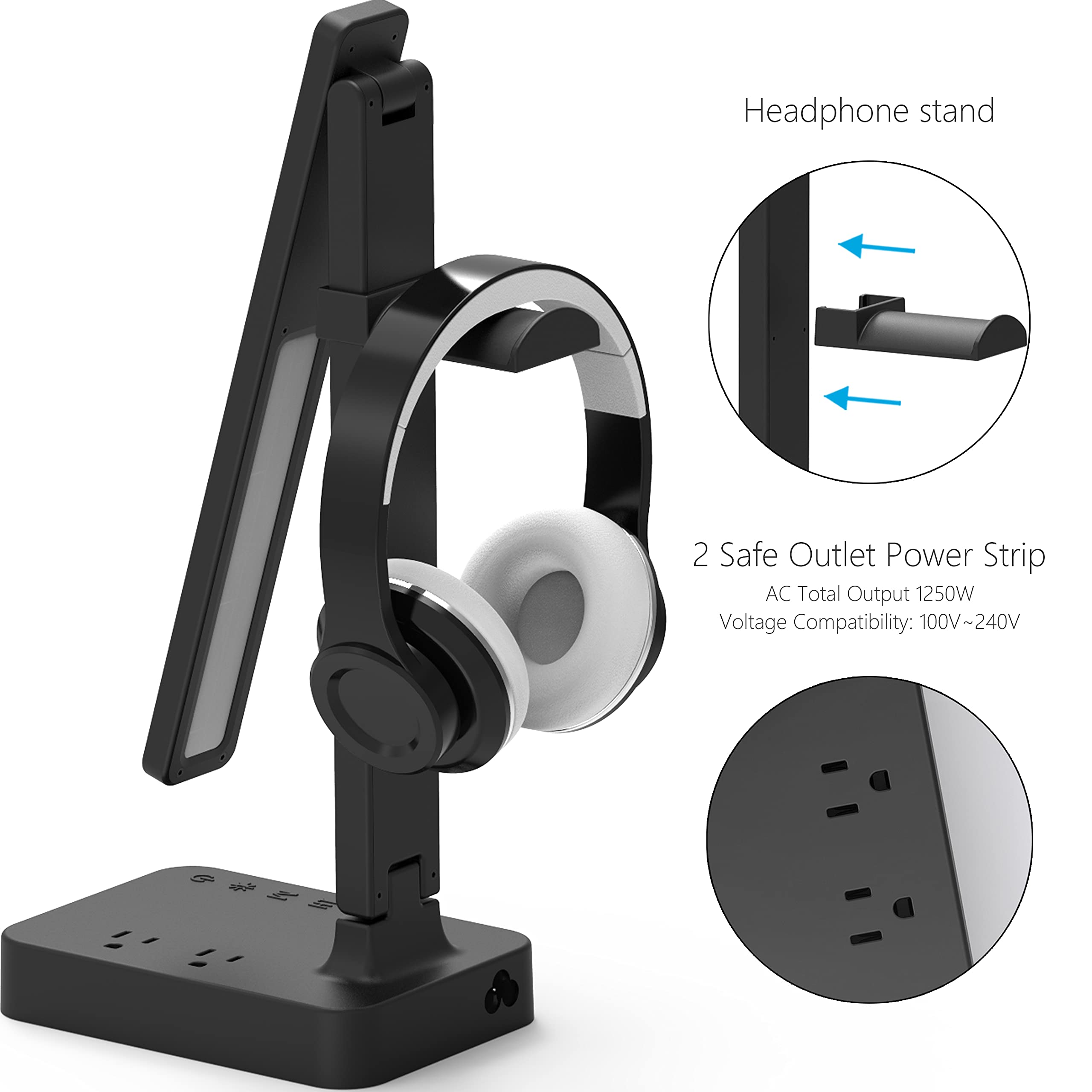Drevet lamp with power outlets charges laptops and speakers.