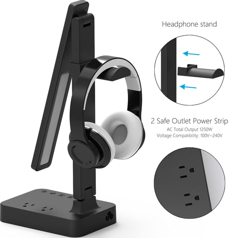 Drevet lamp with power outlets charges laptops and speakers.