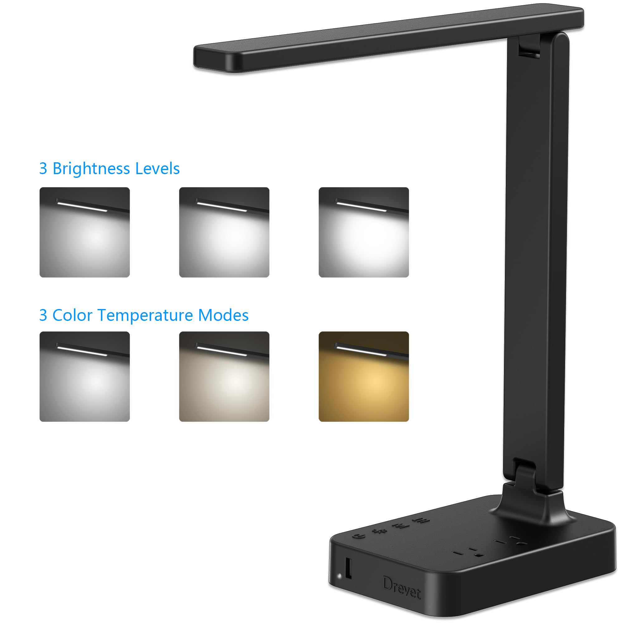 Drevet LED desk lamp with USB charging port powering a device on the desk