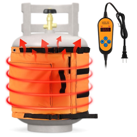 Dreyoo orange propane tank heater blanket on a cylinder for outdoor warmth.