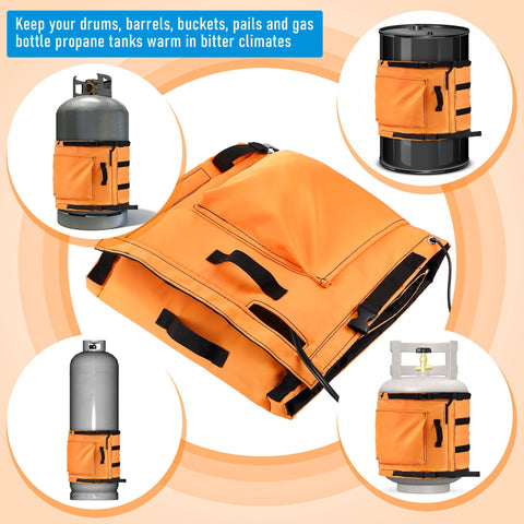 Dreyoo propane tank heater blanket used in winter outdoor scenarios.