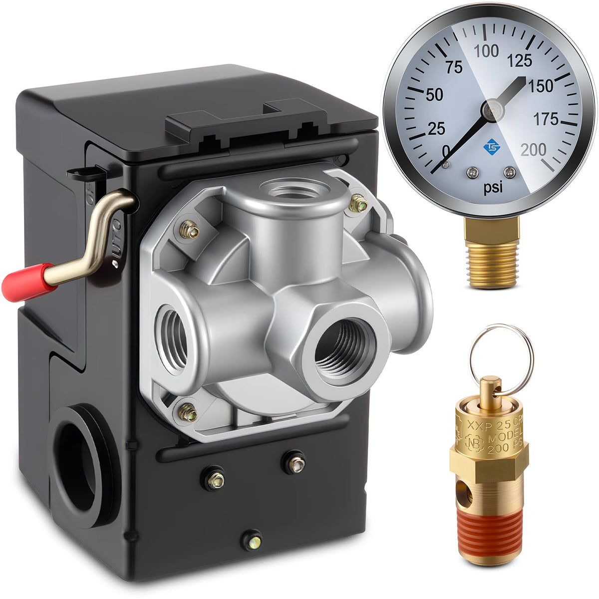 Dreyoo air compressor pressure switch showing 90-120 psi range for safe start-stop control