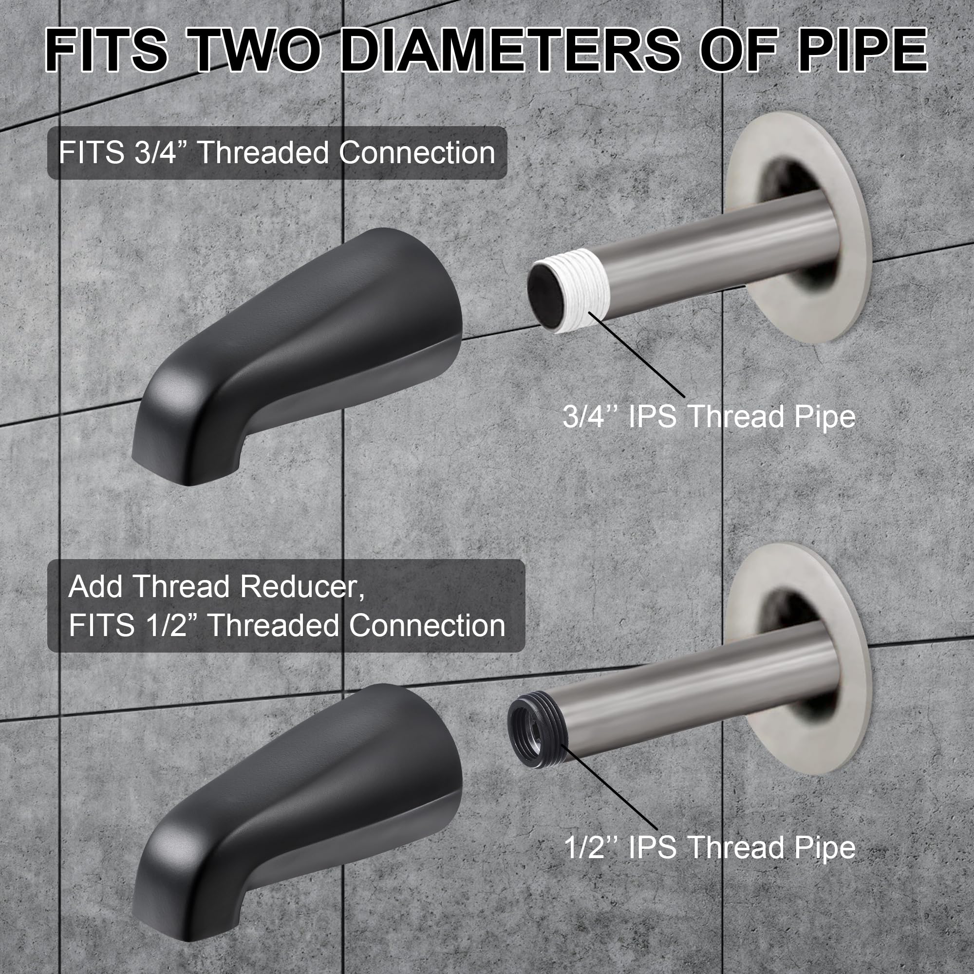 Spout with 1/2 to 3/4 inch IPS adapter for versatile plumbing compatibility.