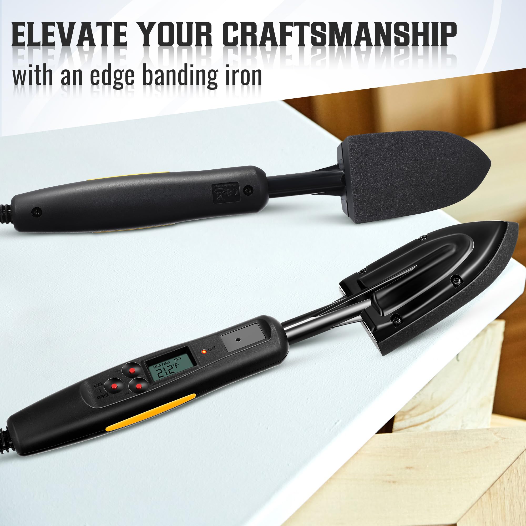 Dreyoo Edge Banding Iron wood edge banding demo shows before-and-after results.