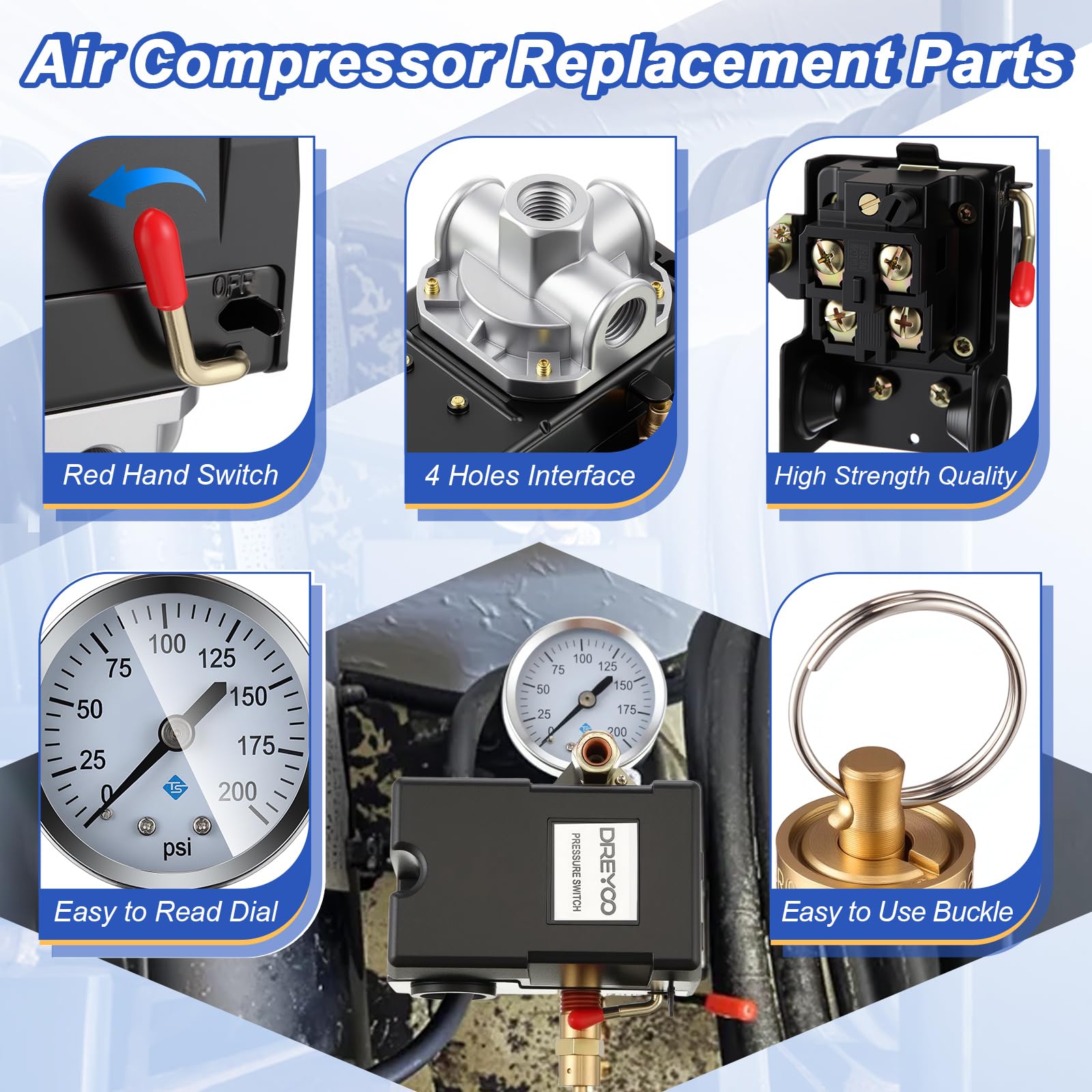 Dreyoo installation kit with gauge and valves for quick replacement.