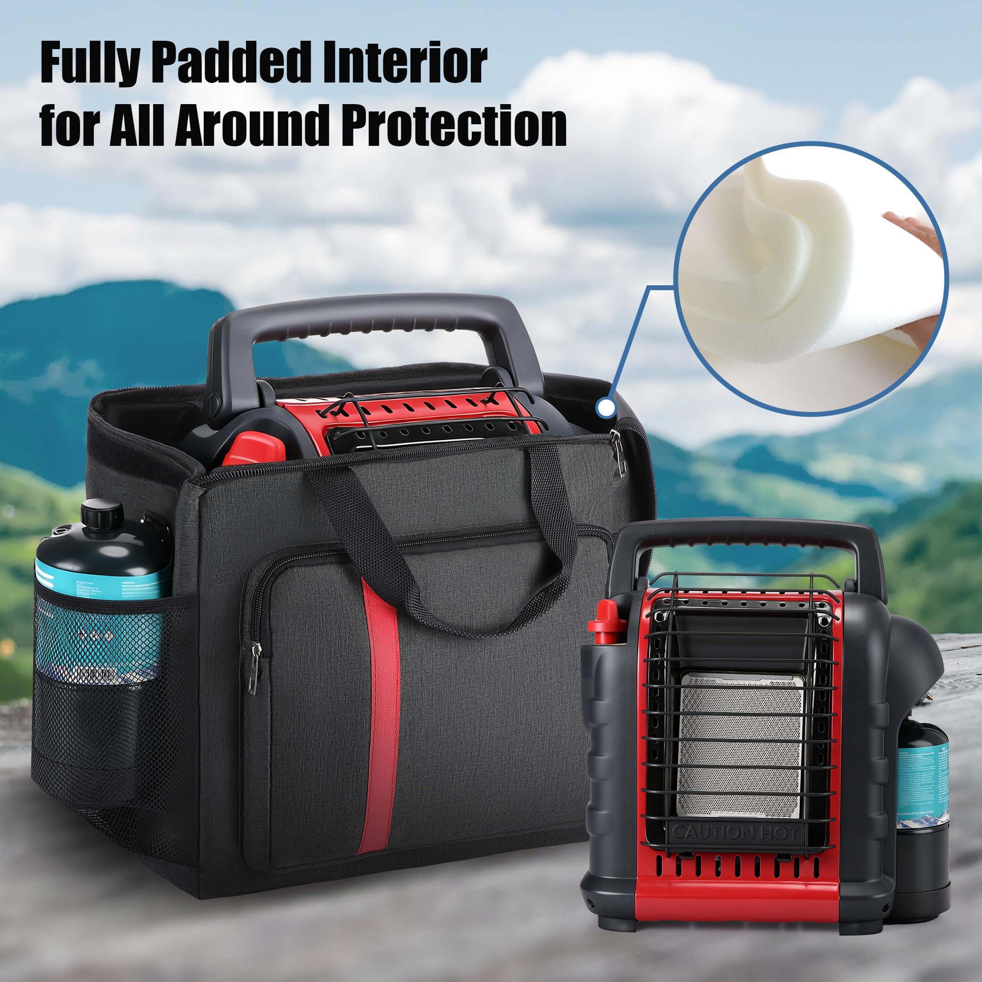 Dreyoo MH9BX bag main compartment fits heater and one propane cylinder securely.
