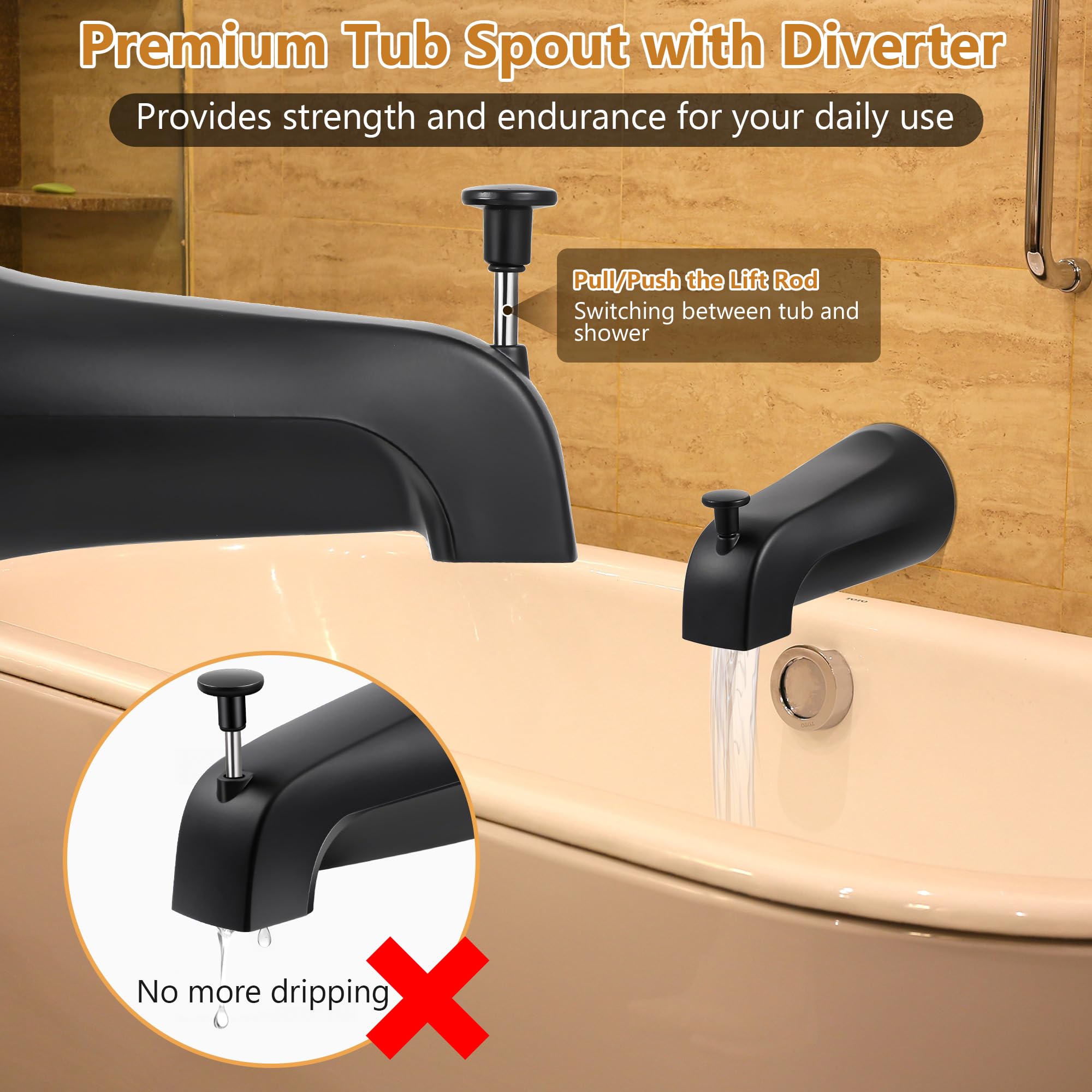 Dreyoo tub spout diverter in action enables seamless tub-to-shower switching.