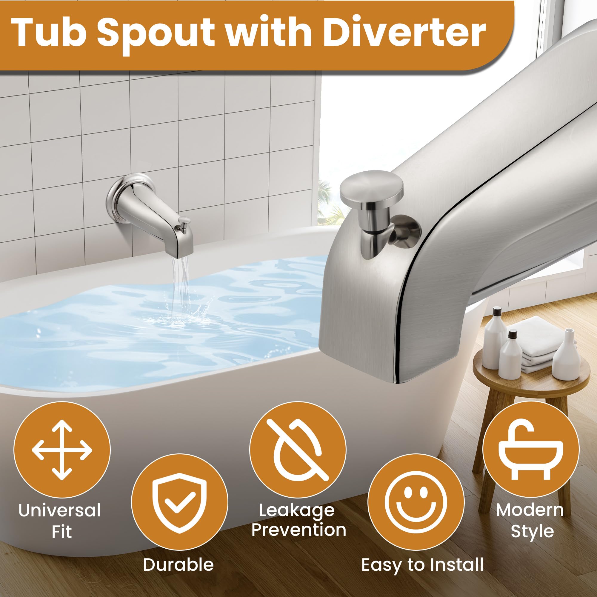 Dreyoo tub spout diverter demonstrates pull-to-divert function for tub or shower.