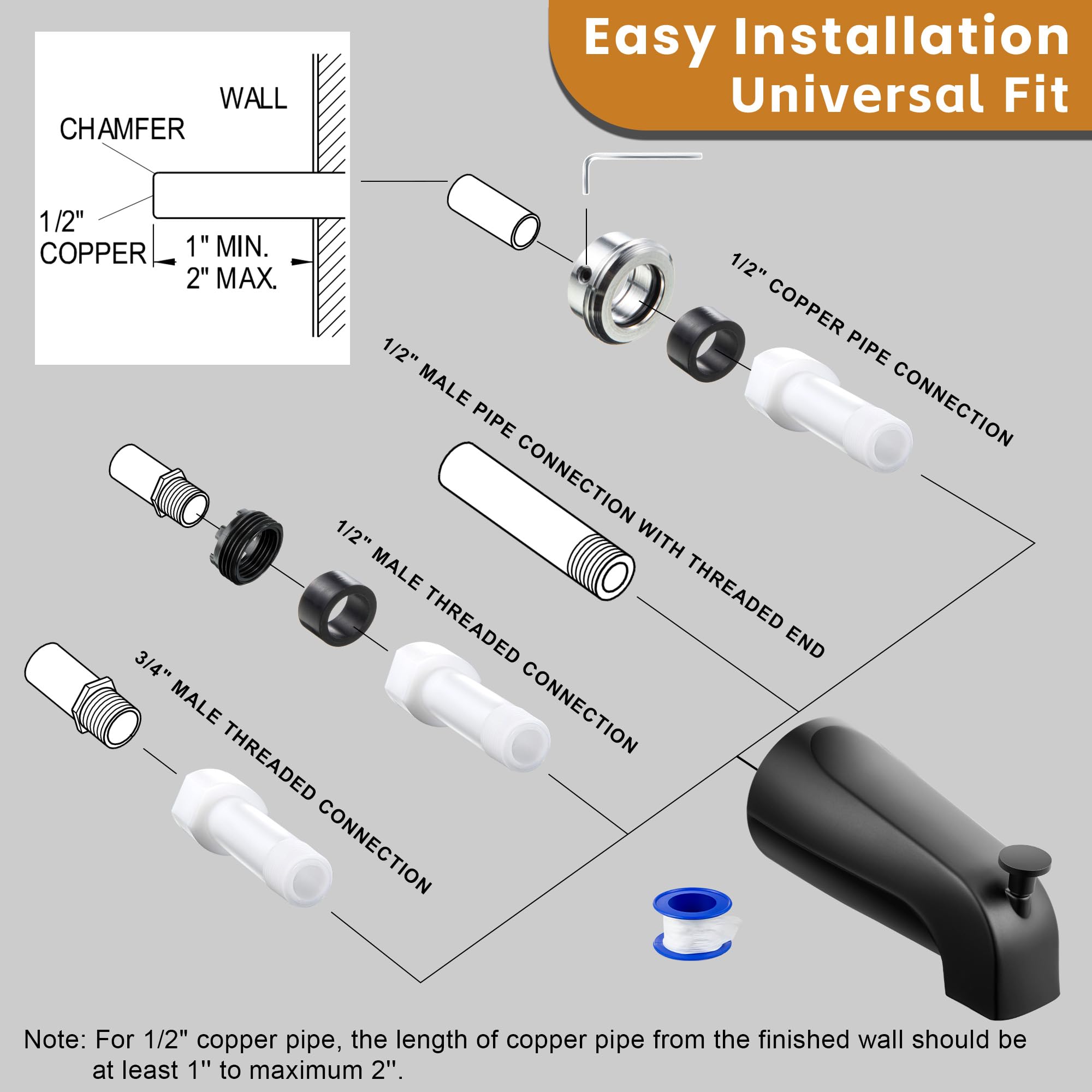Dreyoo tub spout includes adapters simplifying setup for diverse plumbing standards.