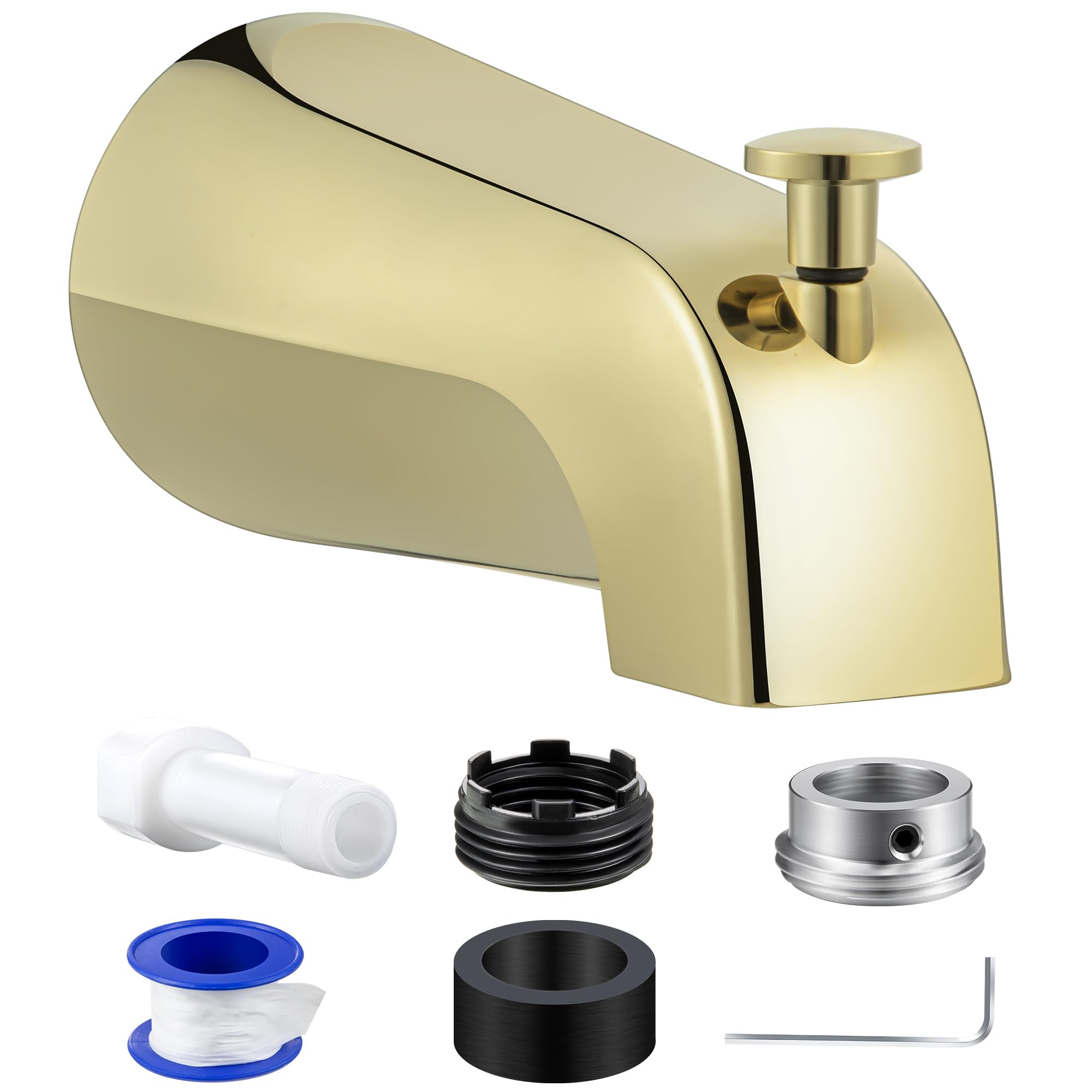 Dreyoo tub spout with diverter in polished brass for tub-to-shower switching