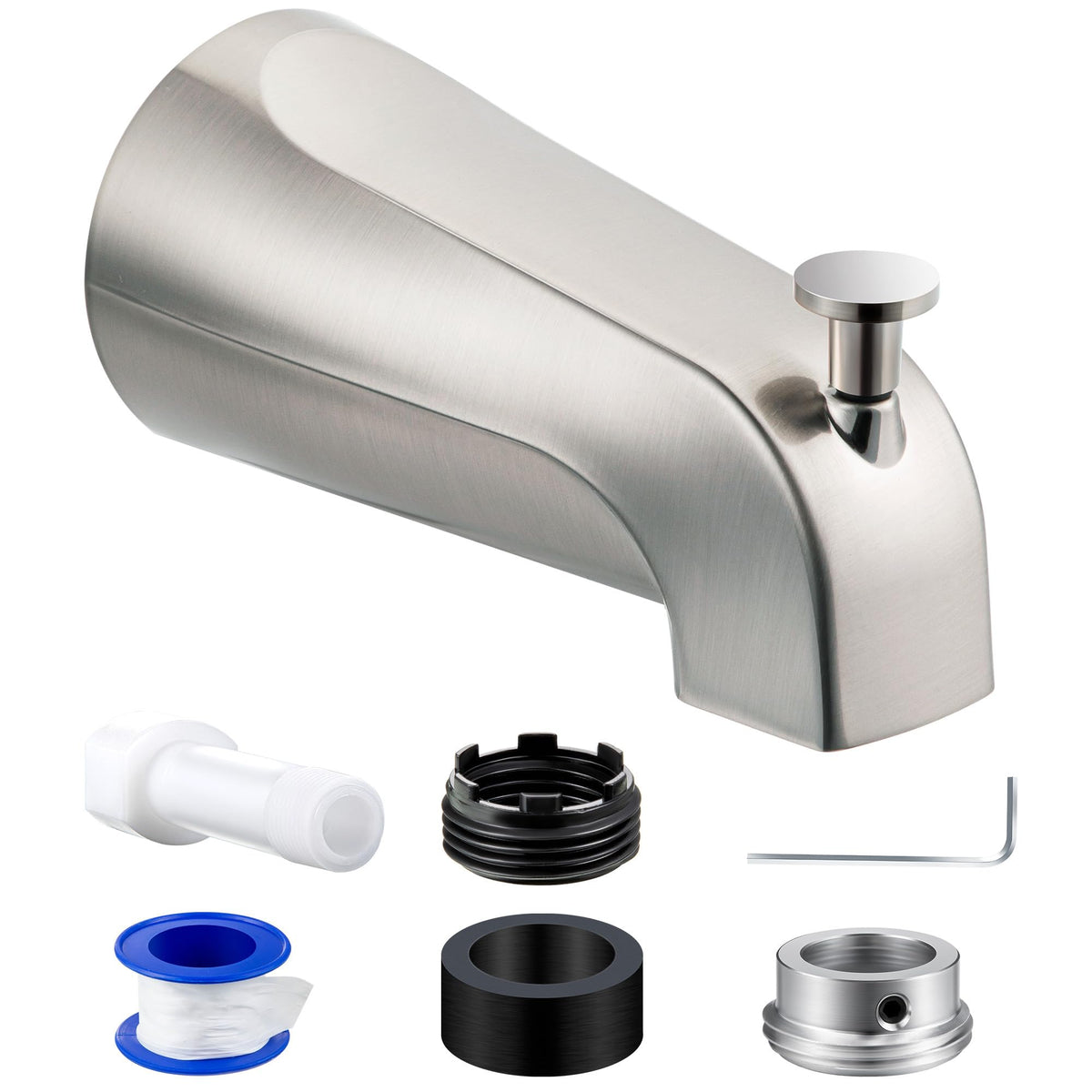 Dreyoo tub spout with universal diverter in brushed nickel for easy DIY installation.