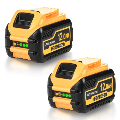 DrFlito 12Ah high-capacity battery pack front view, ready to power DeWalt tools.