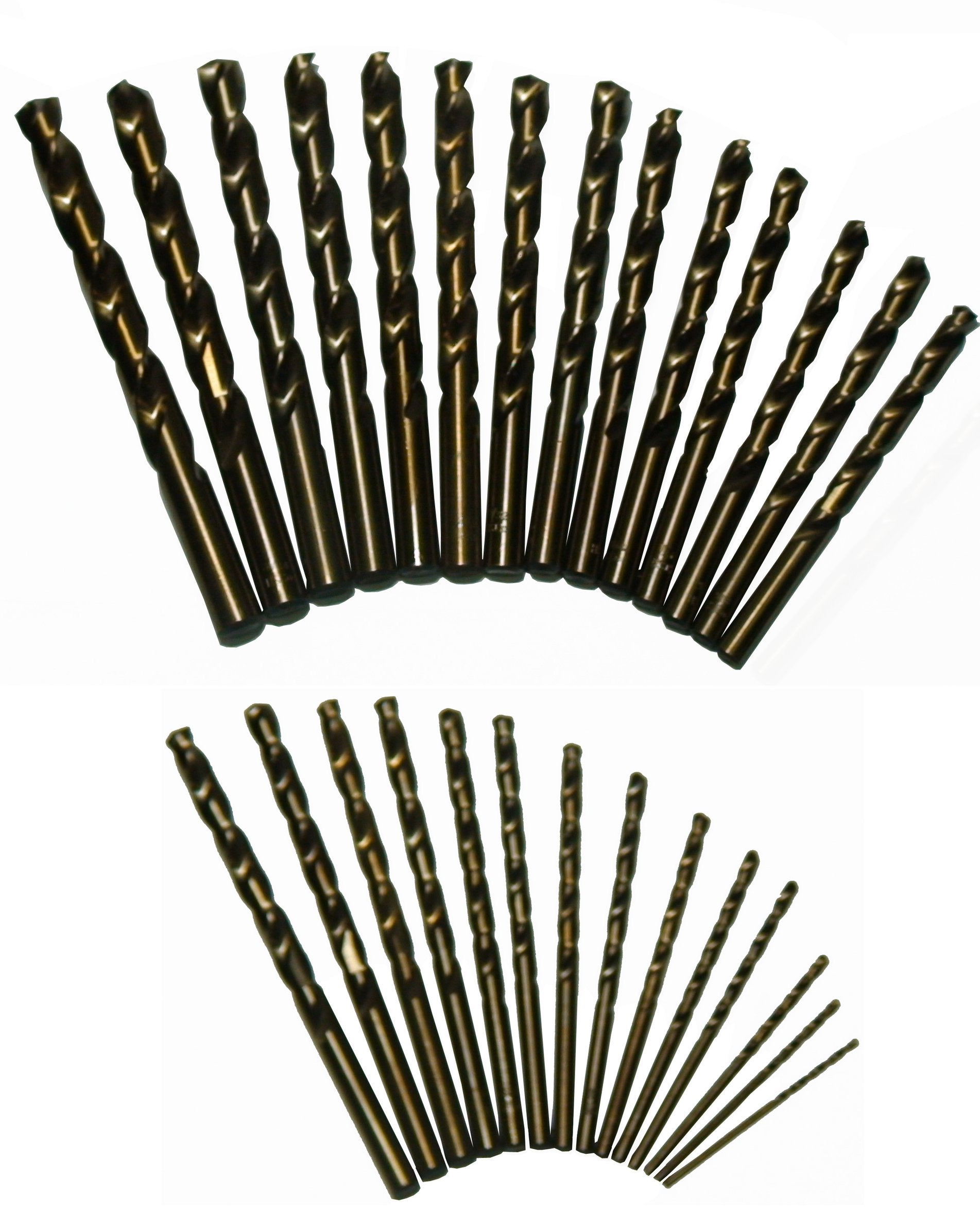 Close-up of M35 cobalt bits with gold oxide finish for wear resistance.
