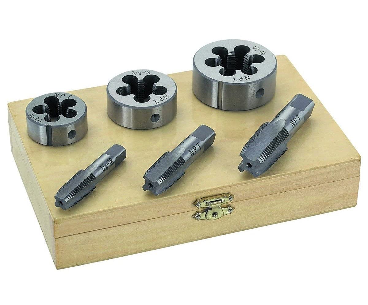 Drill Bits 6pc steel tap and die kit for pipe threading, three taps and three dies