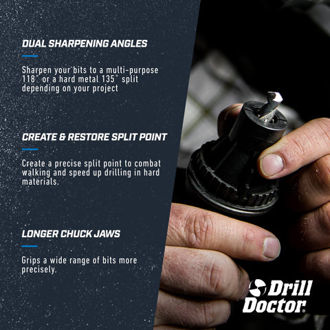 Drill Doctor DD500X offers angle options 118° or 135° for different applications