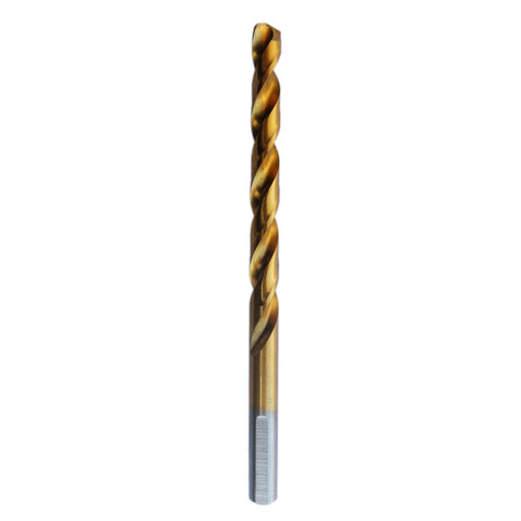 Drill Hulk TiN-coated bit drilling metal, wood, and PVC with smooth hole results.