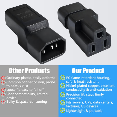 DRIVESTOR C14 to NEMA 5-15R adapter rated for 10A at 125V.
