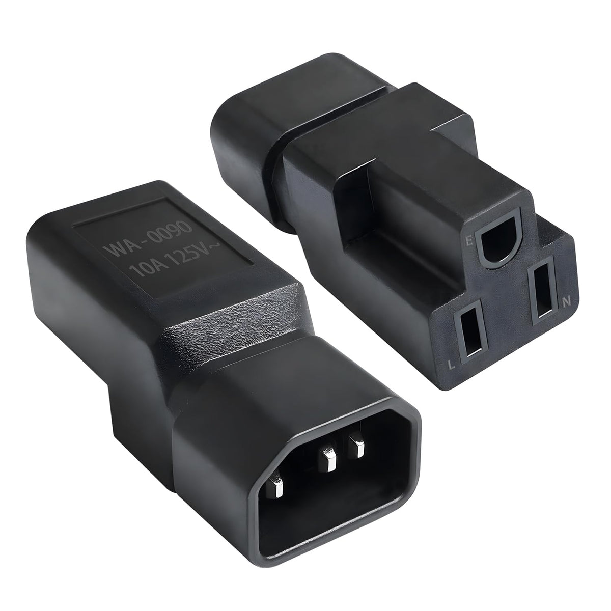 DRIVESTOR C14 to NEMA 5-15R adapter with a compact molded design for tight spaces.