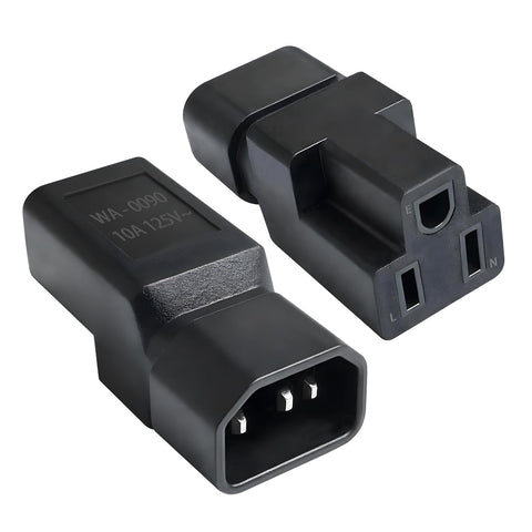 DRIVESTOR C14 to NEMA 5-15R adapter with a compact molded design for tight spaces.