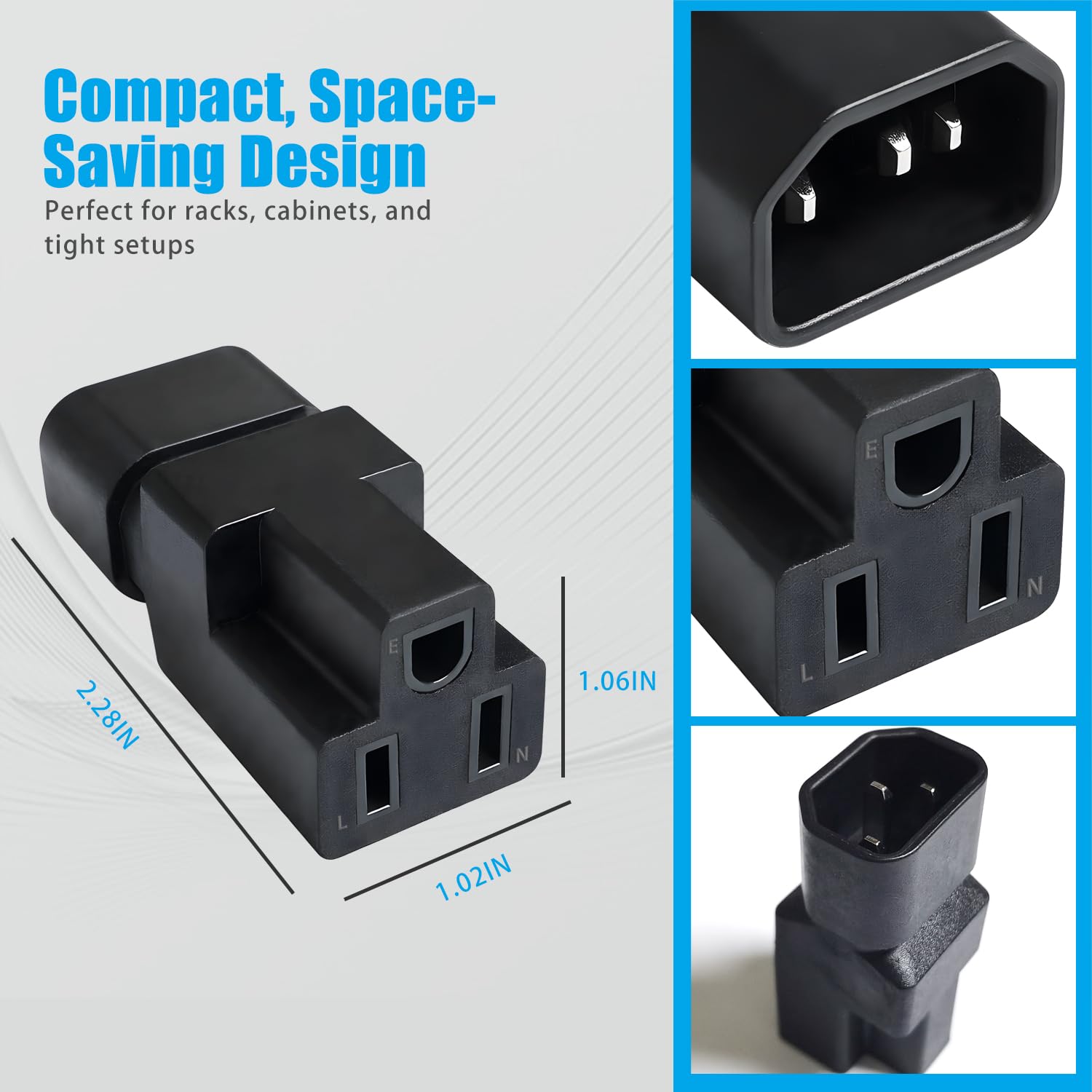DRIVESTOR C14 to NEMA 5-15R adapter with pure copper contacts for reliable conductivity.