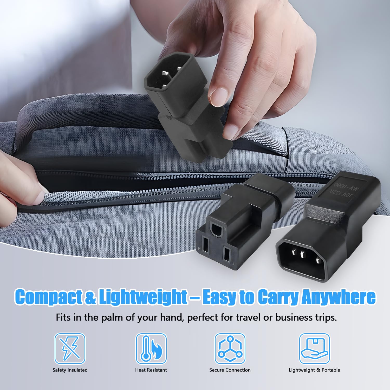 DRIVESTOR C14 to NEMA 5-15R adapter enables quick US plug conversion.