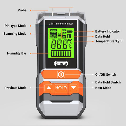 Dr.meter ambient temperature measurement complements moisture checks.