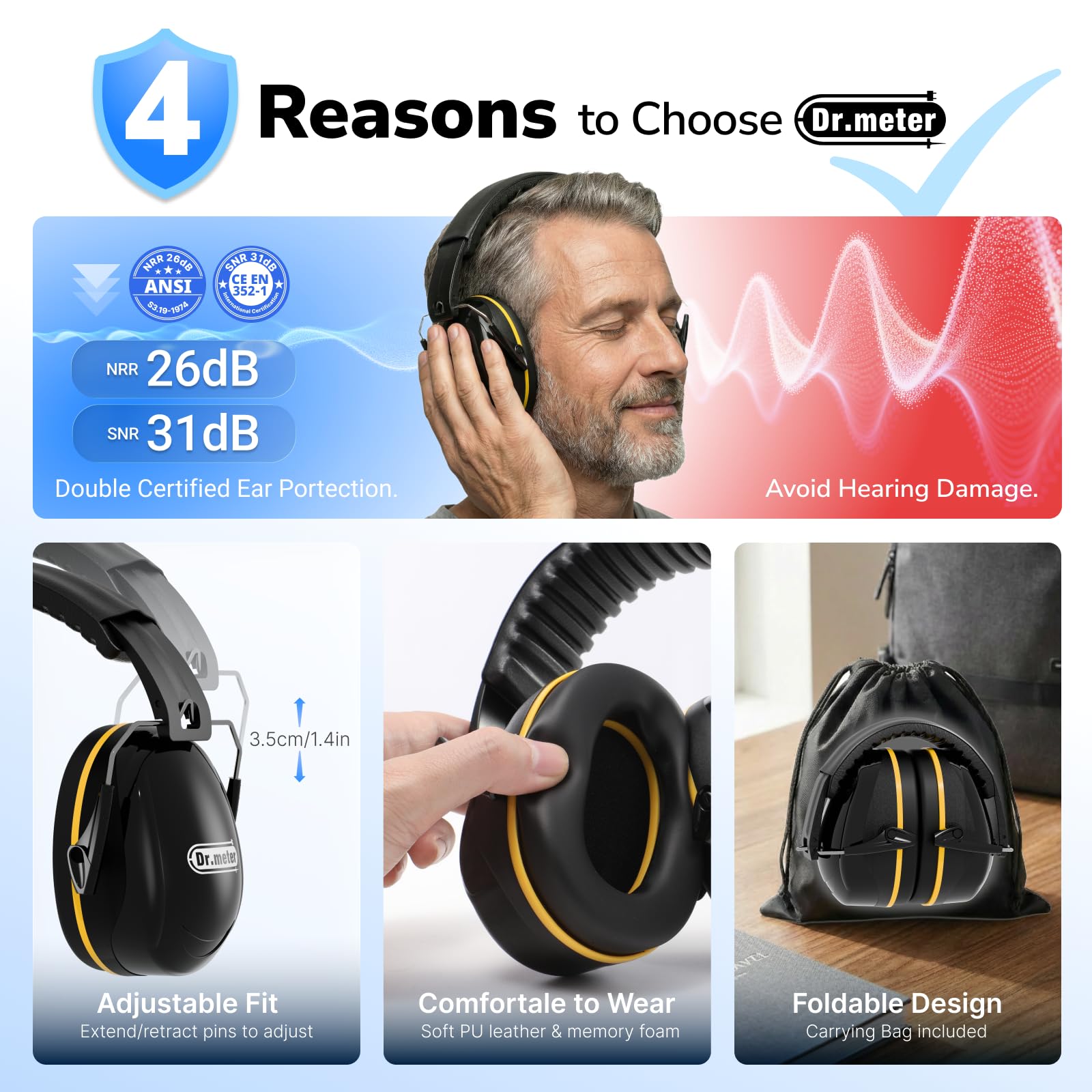 Dr.meter versatile earmuffs for indoor and outdoor use.