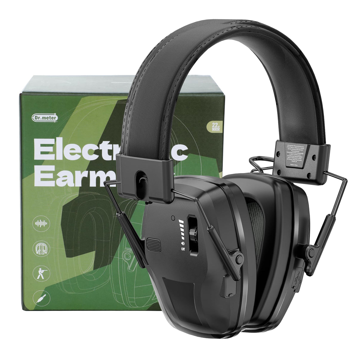 Dr.meter Rechargeable Shooting Earmuffs front view showing protective design for loud environments.