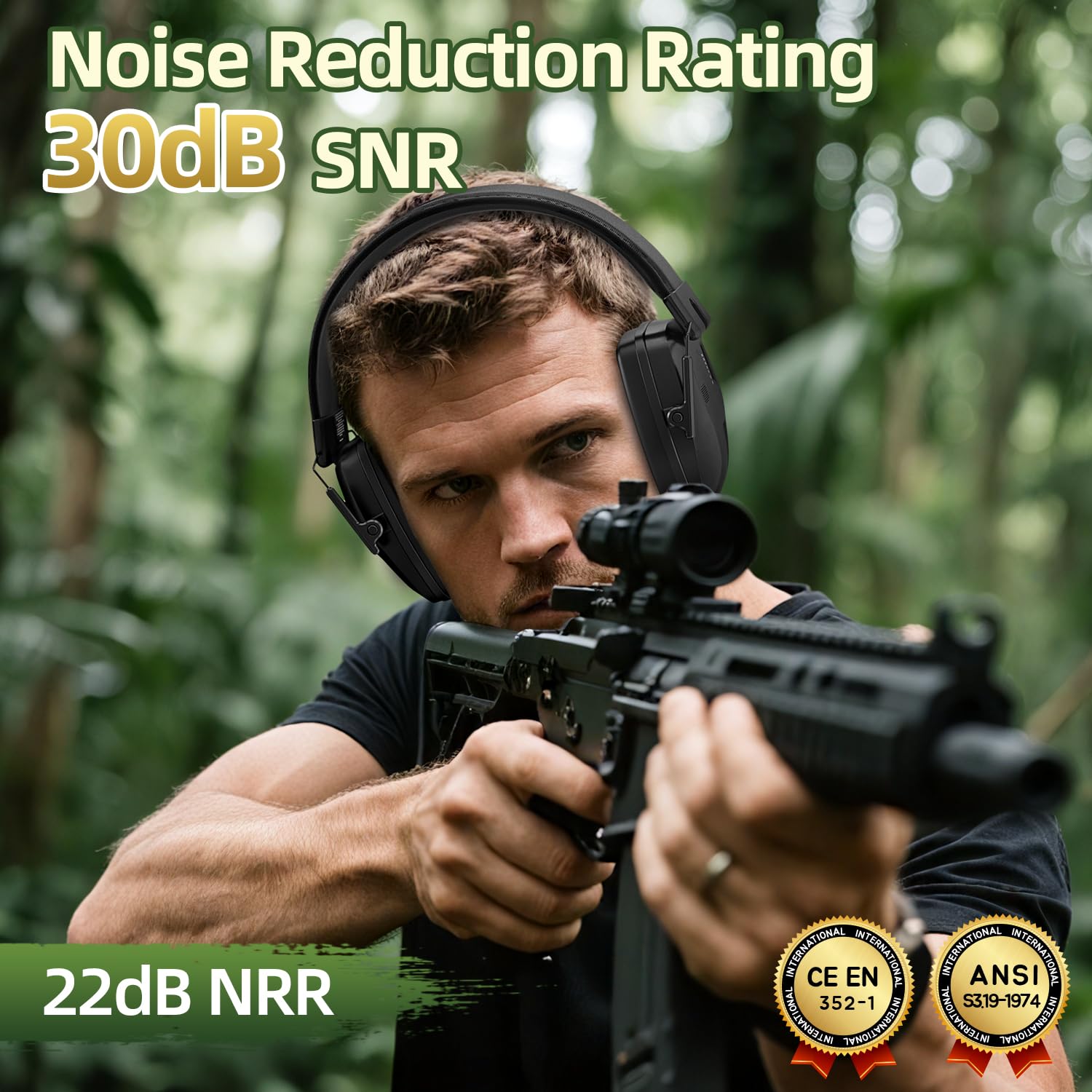Dr.meter Rechargeable Shooting Earmuffs side control panel for easy volume and noise adjustments.