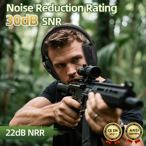 Dr.meter Rechargeable Shooting Earmuffs side control panel for easy volume and noise adjustments.