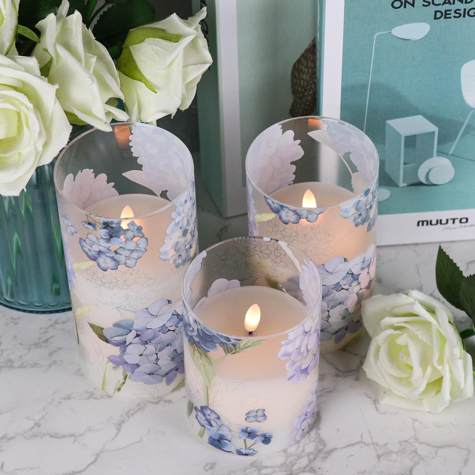 DRomance Hydrangea decal candle ideal as a dining table centerpiece.