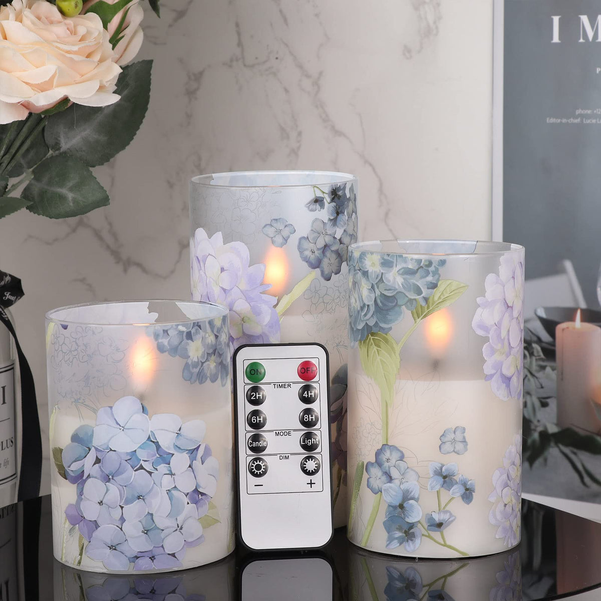 DRomance Hydrangea glass flameless candle with remote for easy ambiance control.