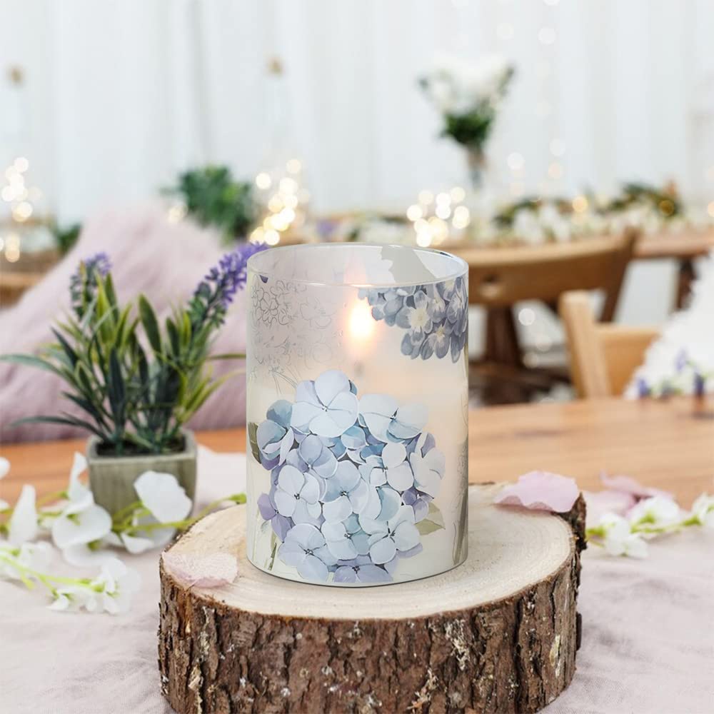 DRomance Hydrangea glass flameless candle offers warm flicker without an open flame.