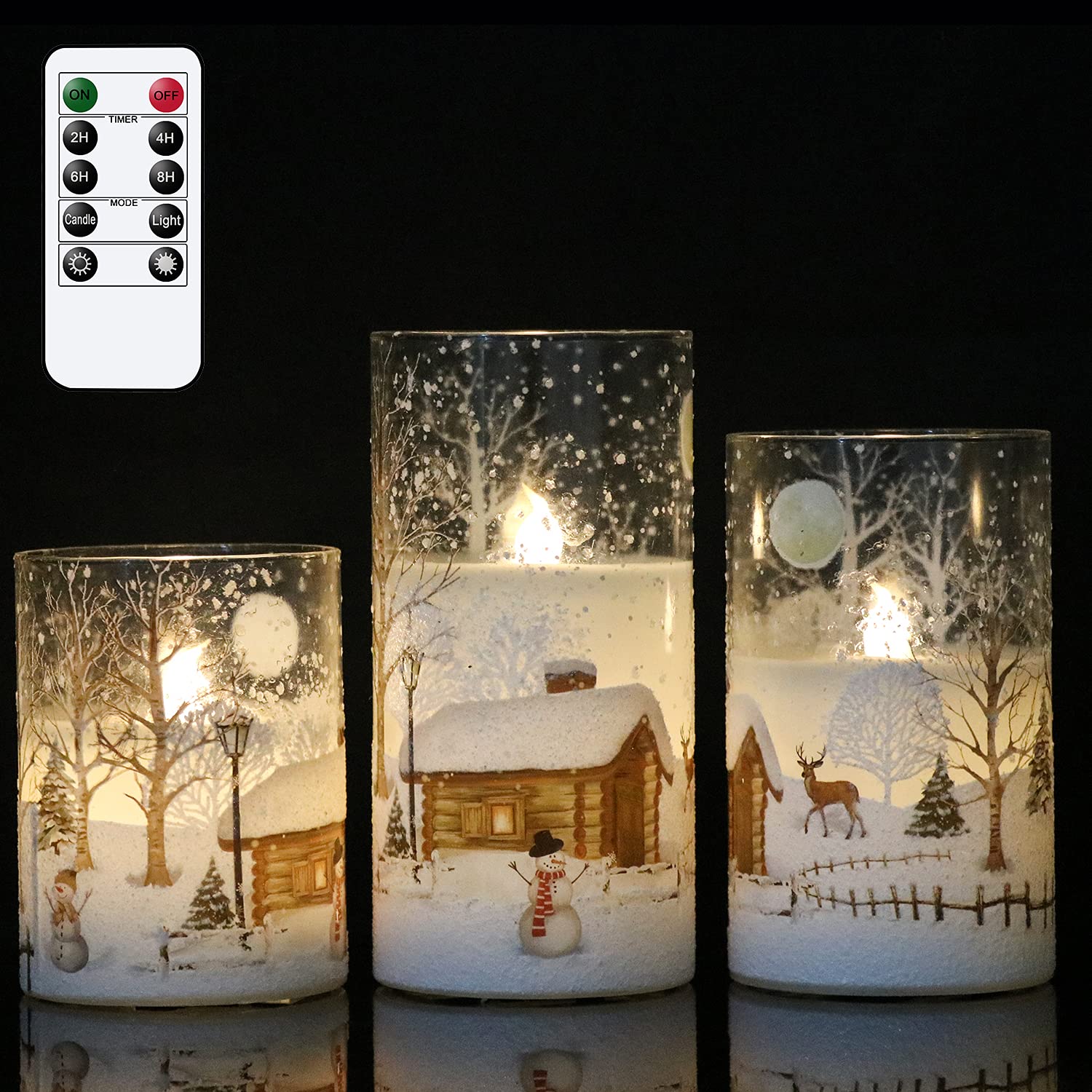 DRomance Snowman glass flameless candles with remote for safe holiday ambiance.