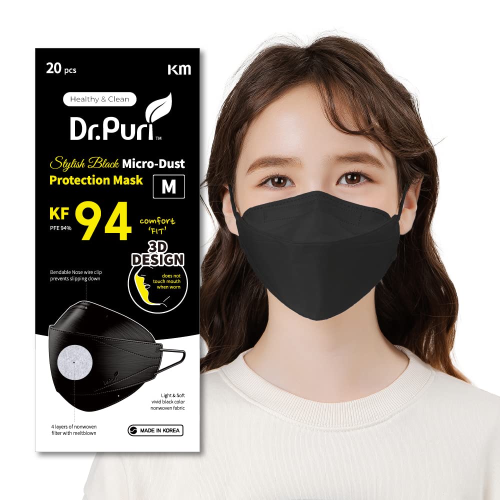 Dr.Puri KF94 face mask 20-pack in black focused on everyday wear comfort.
