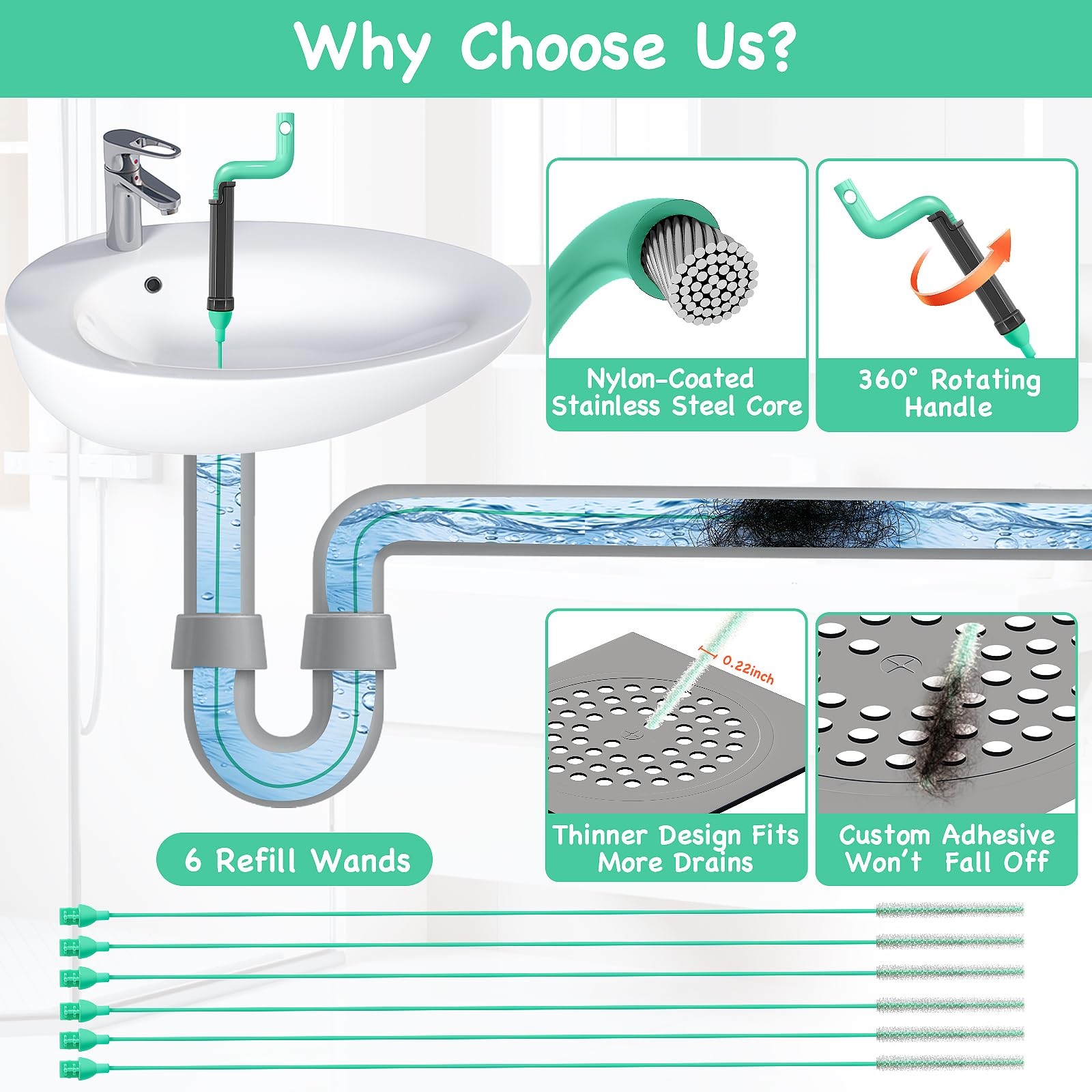 DrSnake slim 0.22-inch diameter fits through shower grates and pop-up stoppers.