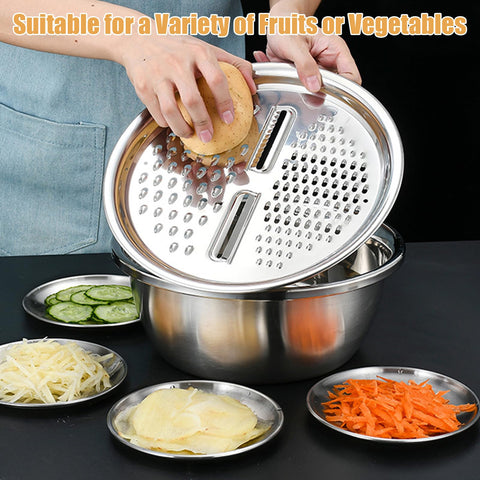 DRXRD stainless basin with grater lid in action for fast cheese and veggie prep