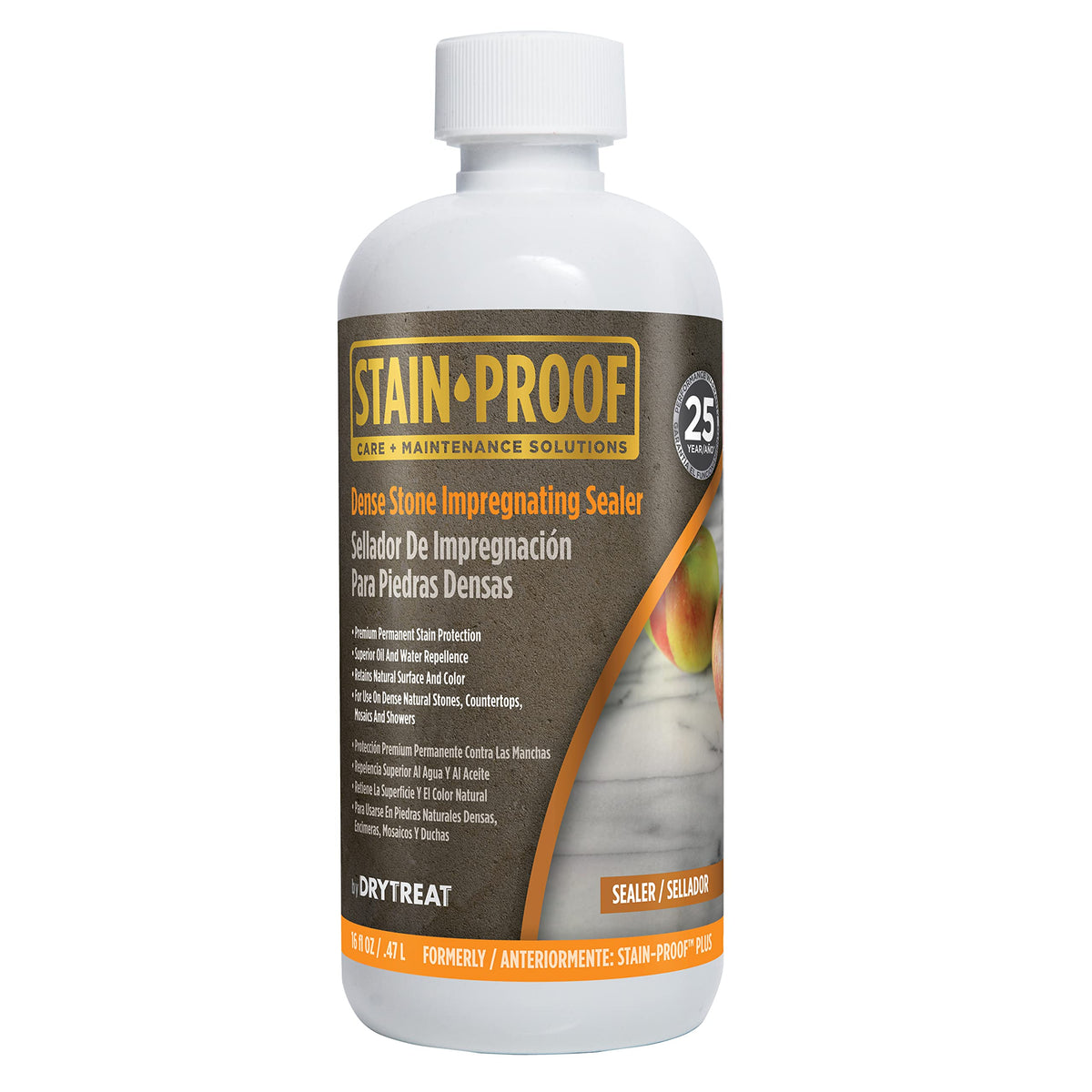 Dry-Treat Stain-Proof Dense Stone Sealer bottle protecting granite from water and oil stains.