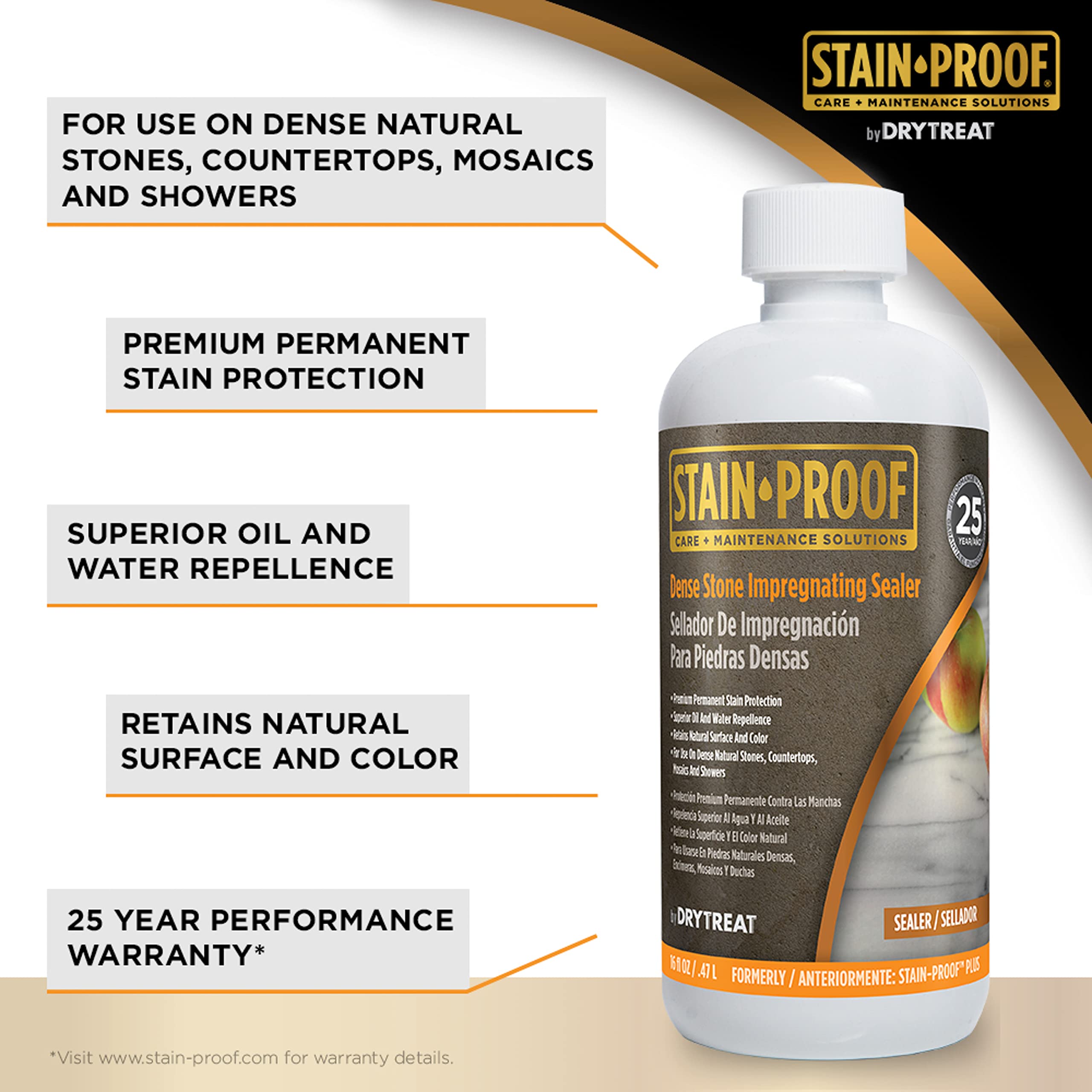 Dry-Treat Stain-Proof Dense Stone Sealer wet-look after application showing protected surface.