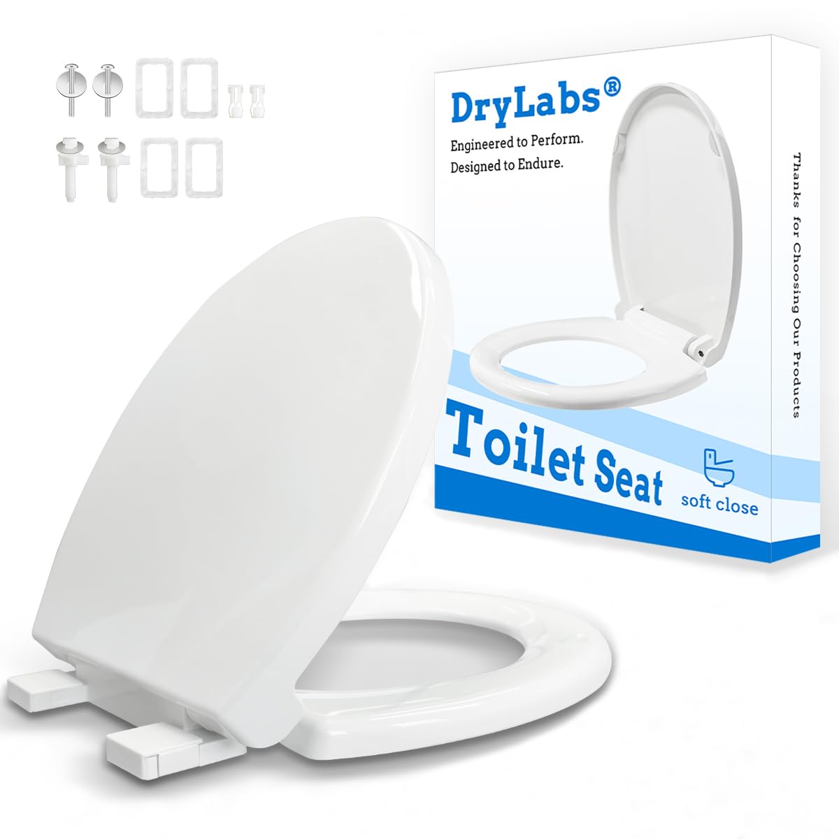 DryLabs round toilet seat with soft-close minimizes slams and noise